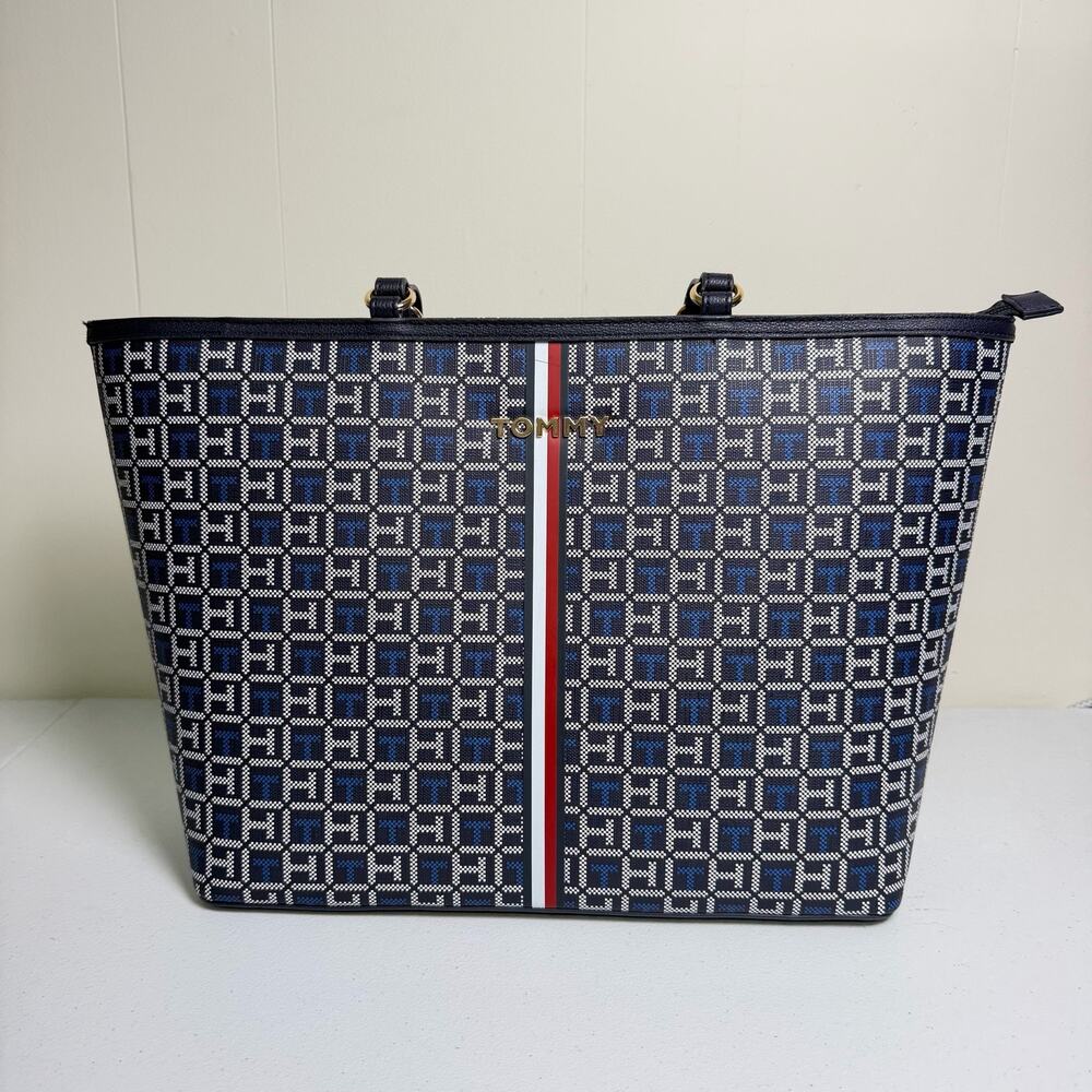 Tommy Hilfiger Navy Blue Monogram Jacquard Tote Bag Stripe Logo Print